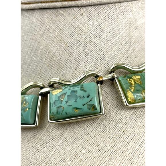 VTG Coro Thermoset Necklace Choker 17" Turquoise & Gold Confetti Silver Tone 50s - Picture 10 of 16